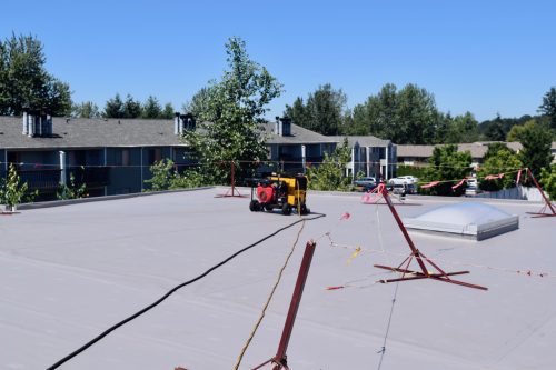 A flat rooftop with safety barriers, a portable generator, and a roof vent, with apartment buildings and trees in the background on a clear day.