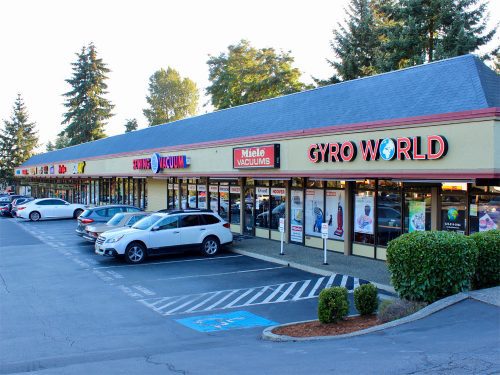 A strip mall with parked cars in front, featuring storefronts including Gyro World, Miele Vacuums, and other small businesses.